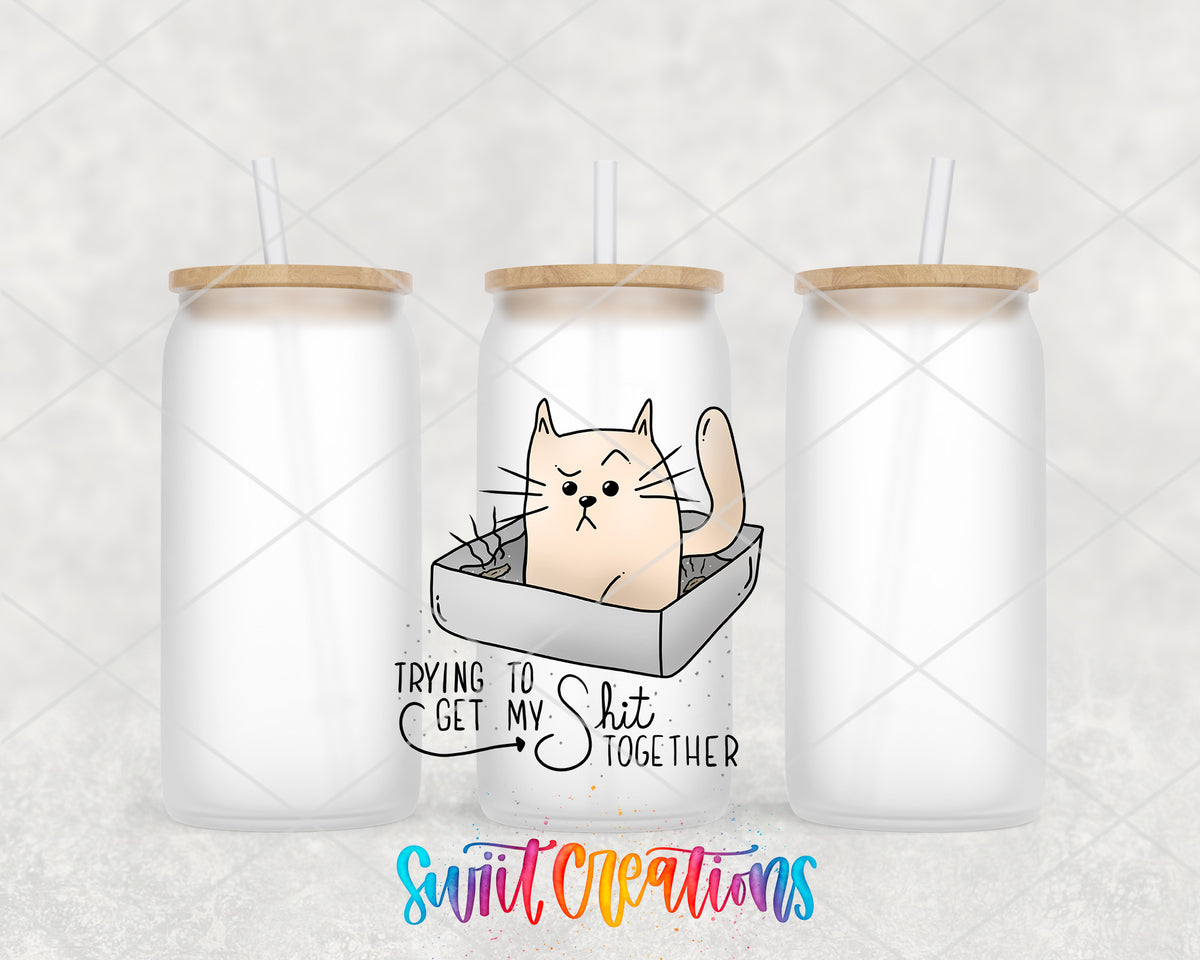 Trying to Get My Shit Together frosted glass tumbler group view with lids and straws