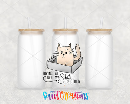 Trying to Get My Shit Together frosted glass tumbler group view with lids and straws