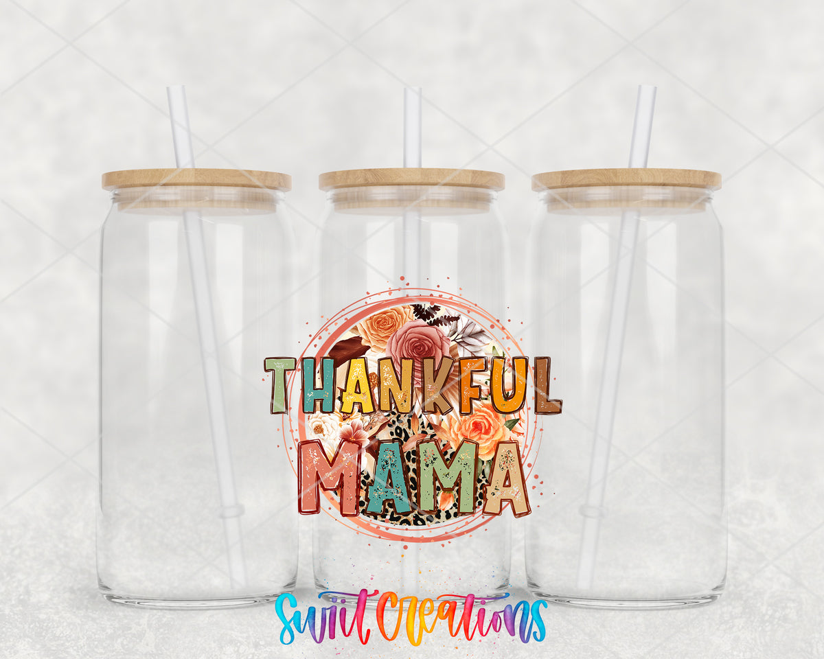 Thankful Mama clear glass tumbler group mockup with bamboo lids and straws