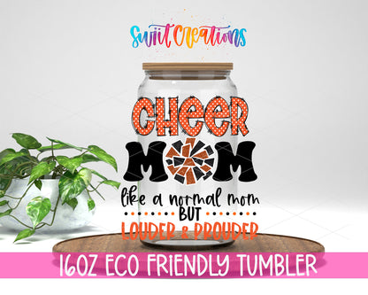 Orange Cheer Mom design on a 16 oz clear glass tumbler with bamboo lid