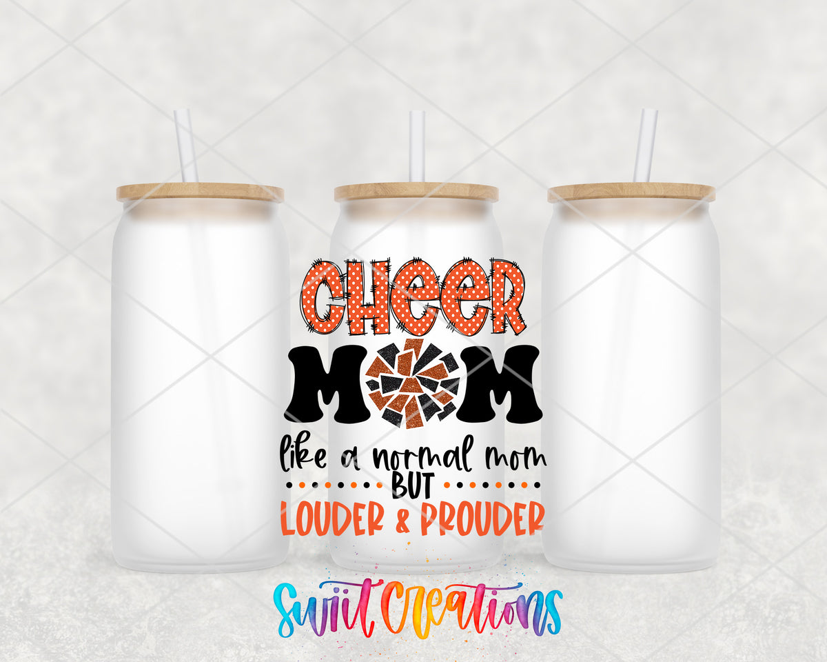 Orange Cheer Mom frosted glass tumbler group view with lids and straws