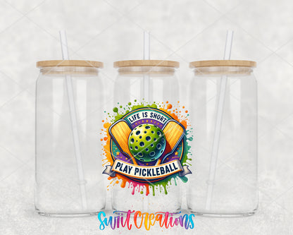 Life Is Short Play Pickleball clear glass tumbler group mockup with bamboo lids and straws
