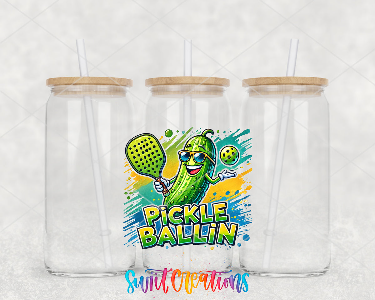 Pickle Ballin clear glass tumbler group mockup with bamboo lids and straws