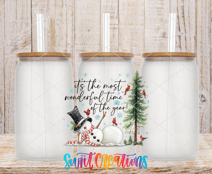 It's the Most Wonderful Time of the Year frosted glass tumbler mockup with bamboo lids and straws