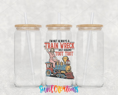 I'm Not Always a Train Wreck clear glass tumbler group mockup with bamboo lids and straws