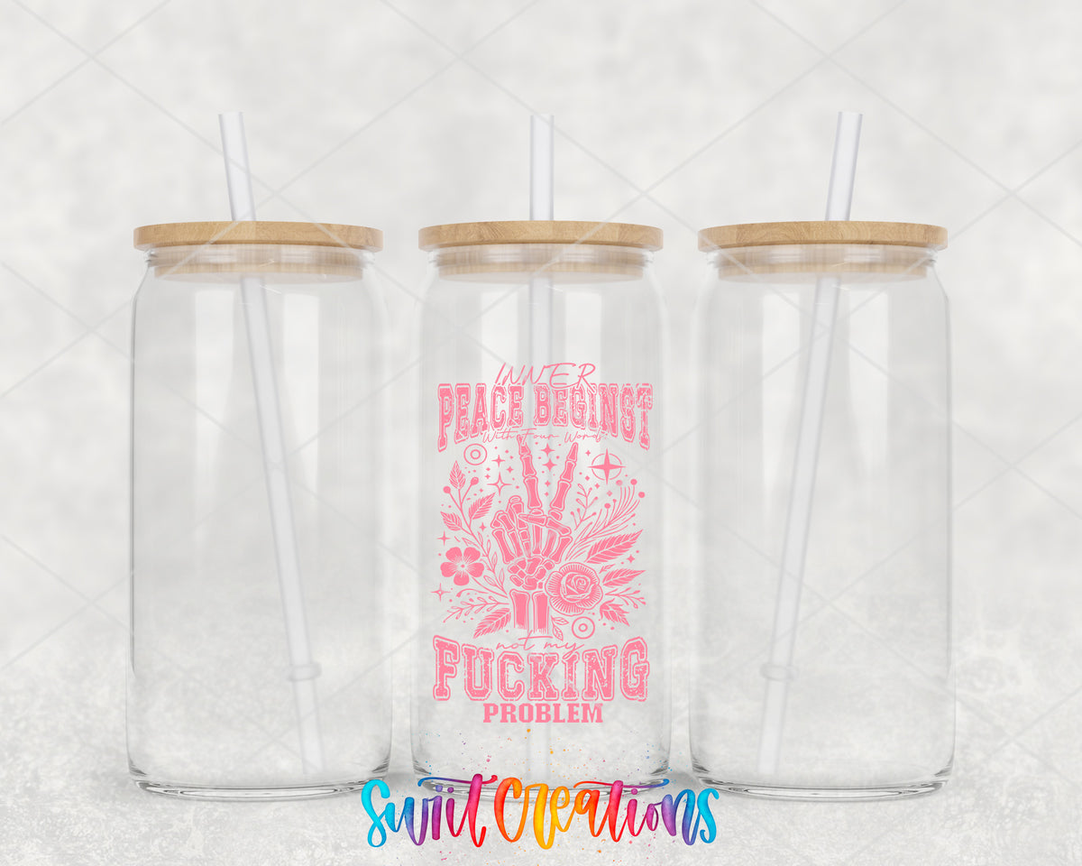 Inner Peace Is Not My Problem Pink clear glass tumbler group mockup with bamboo lids and straws