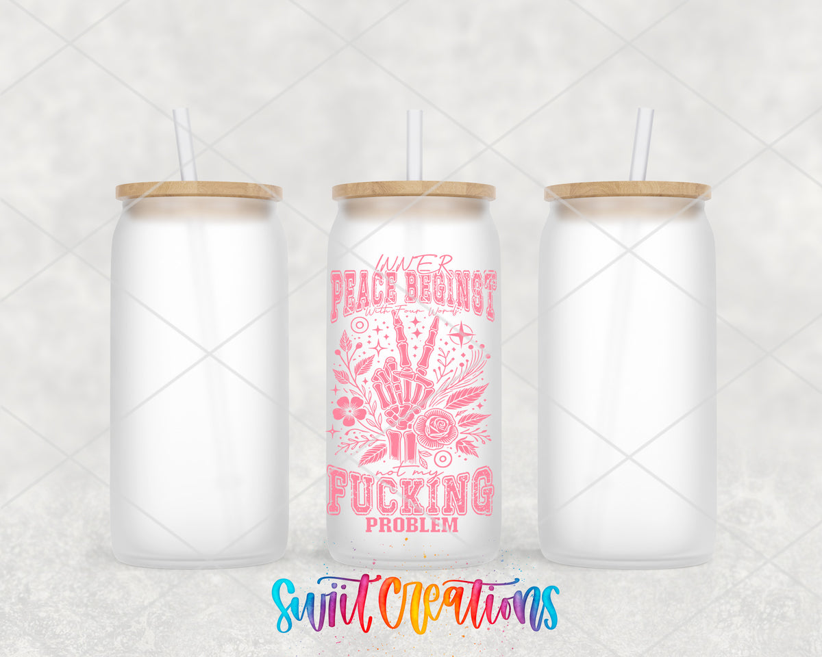 Inner Peace Is Not My Problem Pink frosted glass tumbler group view with lids and straws