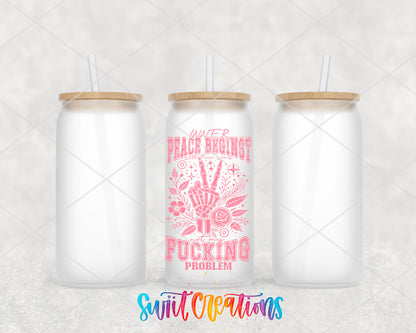 Inner Peace Is Not My Problem Pink frosted glass tumbler group view with lids and straws