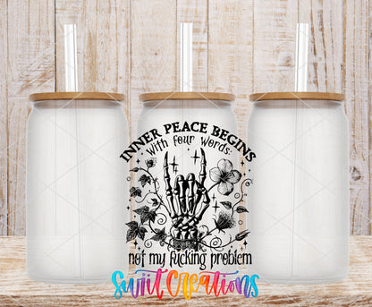 Inner Peace Is Not My Problem frosted glass tumbler mockup with bamboo lids and straws