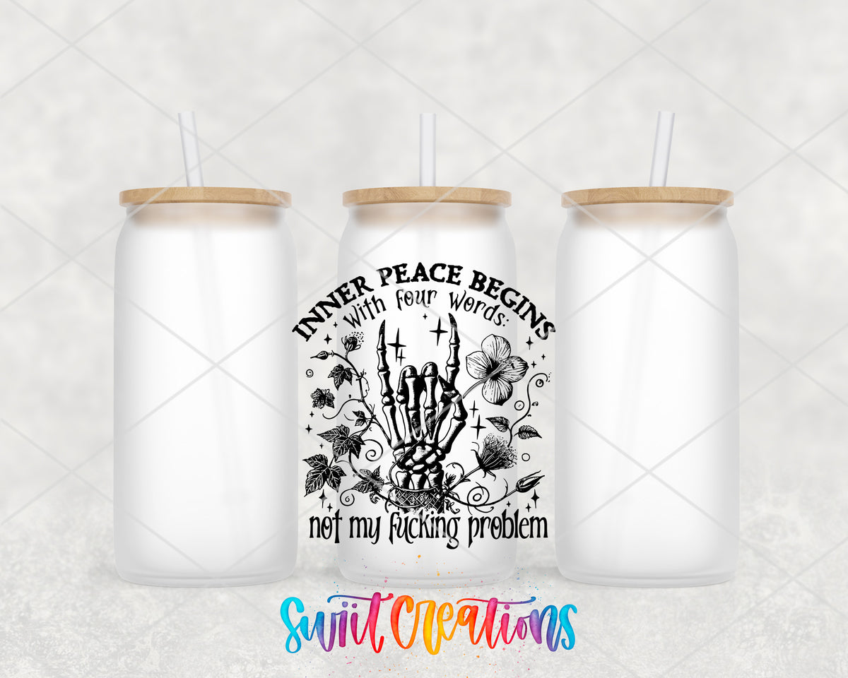Inner Peace Is Not My Problem frosted glass tumbler group view with lids and straws