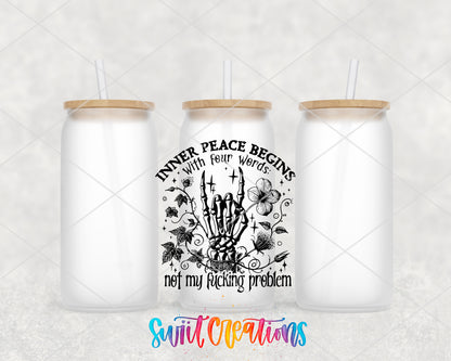 Inner Peace Is Not My Problem frosted glass tumbler group view with lids and straws