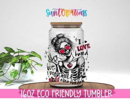 I Love Hard Pink design on a 16 oz clear glass tumbler with bamboo lid