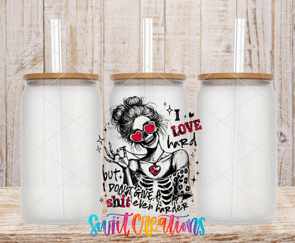 I Love Hard Pink frosted glass tumbler mockup with bamboo lids and straws