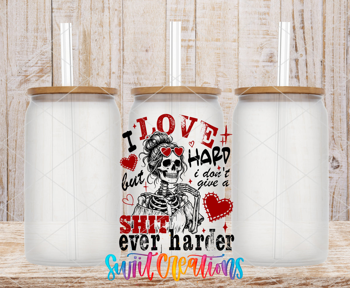I Love Hard Red frosted glass tumbler mockup with bamboo lids and straws