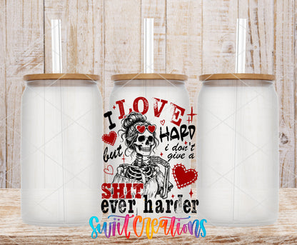 I Love Hard Red frosted glass tumbler mockup with bamboo lids and straws