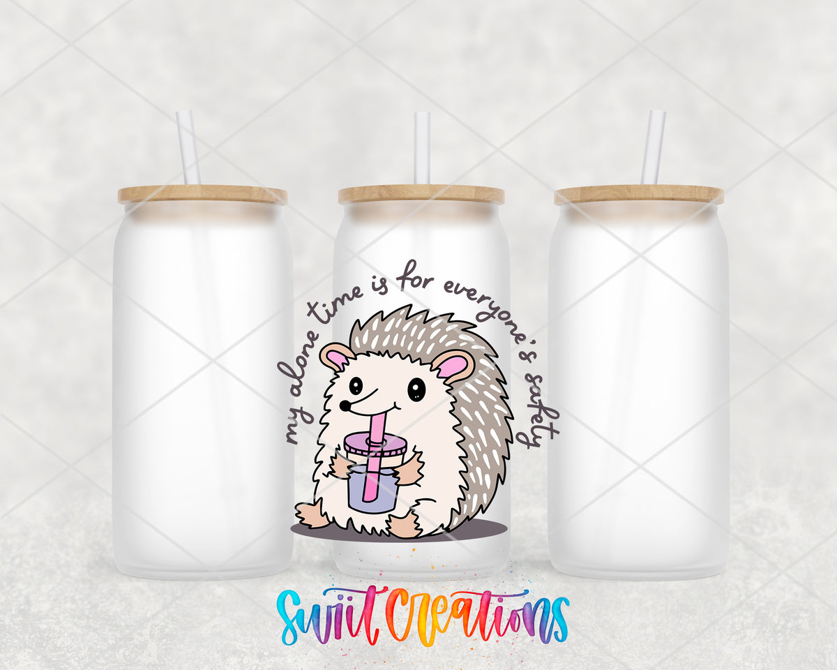 My Alone Time Is for Everyone’s Safety frosted glass tumbler group view with lids and straws