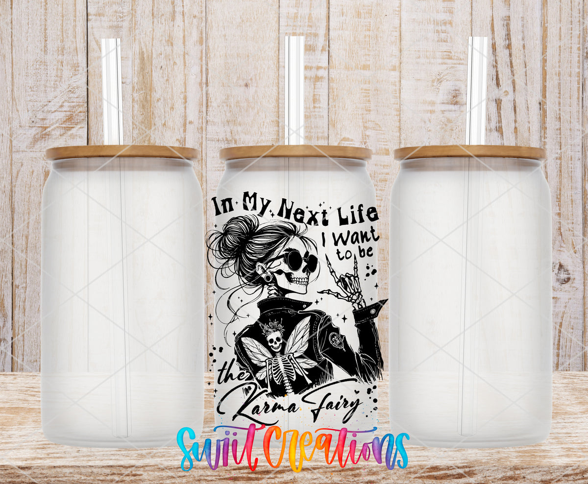 Karma Fairy frosted glass tumbler mockup with bamboo lids and straws
