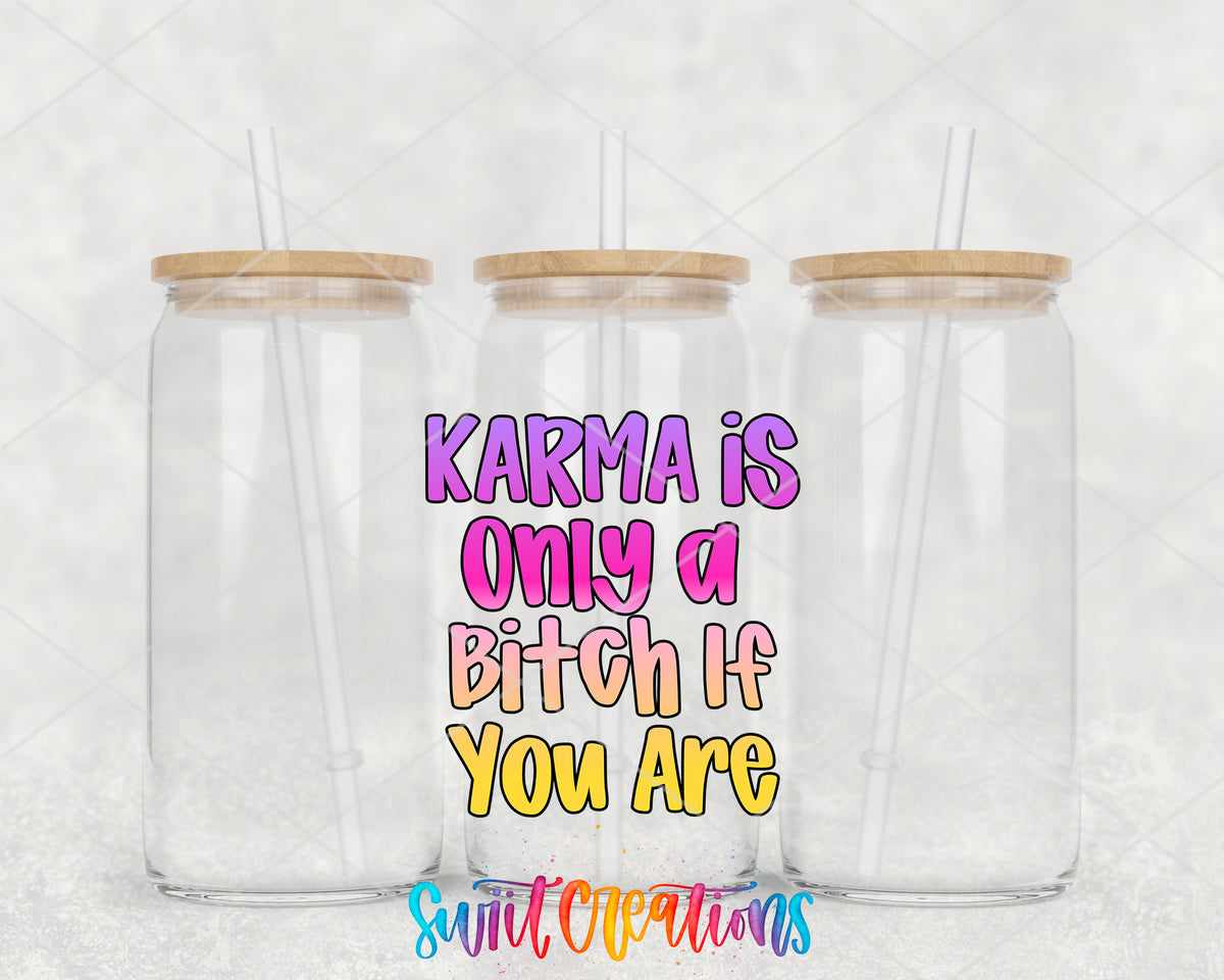 Karma Is a Bitch clear glass tumbler group mockup with bamboo lids and straws