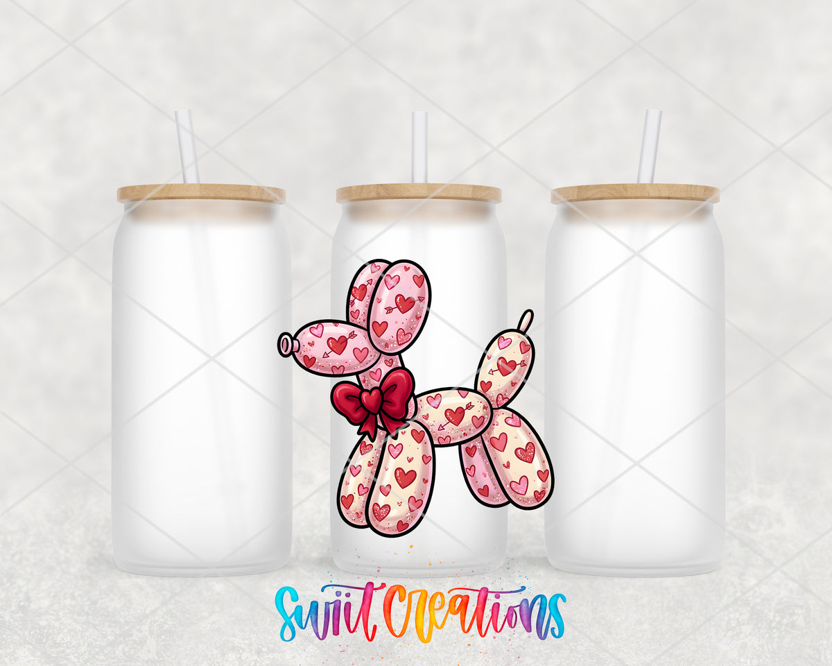 Valentine Balloon Dog frosted glass tumbler group view with lids and straws