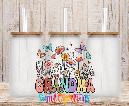 Floral Grandma frosted glass tumbler mockup with bamboo lids and straws