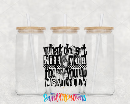 What Doesn't Kill You clear glass tumbler group mockup with bamboo lids and straws