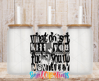What Doesn't Kill You frosted glass tumbler mockup with bamboo lids and straws
