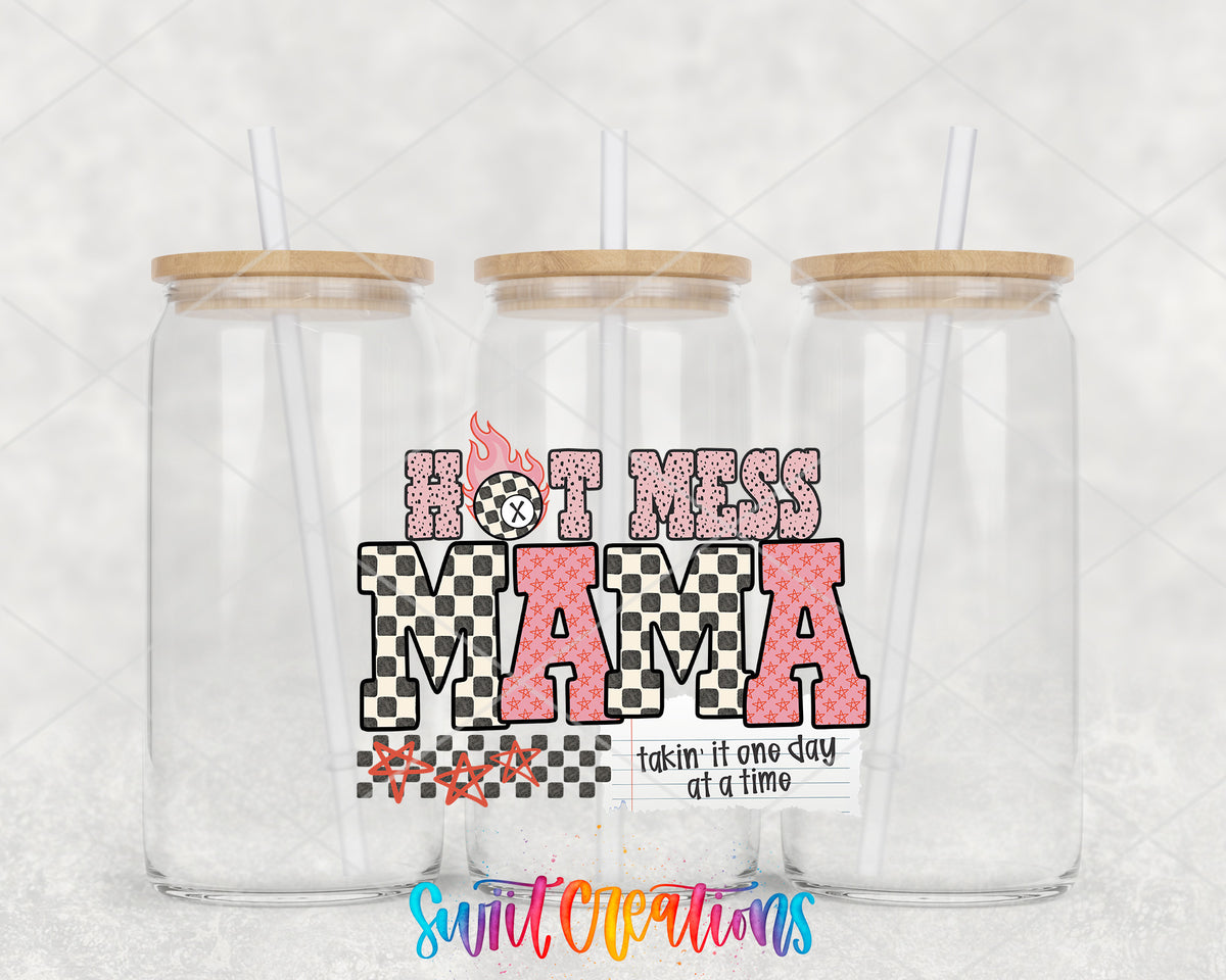 Hot Mess Mama clear glass tumbler group mockup with bamboo lids and straws