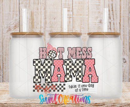 Hot Mess Mama frosted glass tumbler mockup with bamboo lids and straws