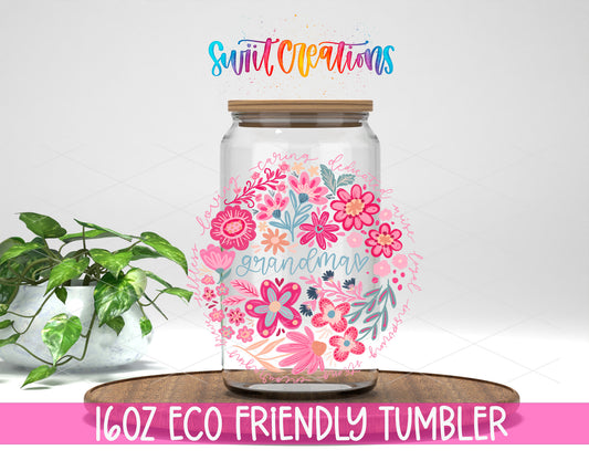 Grandma design on a 16 oz clear glass tumbler with bamboo lid