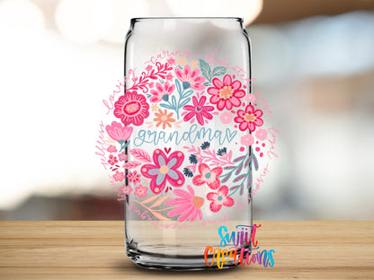 Grandma design close-up on a clear glass can tumbler