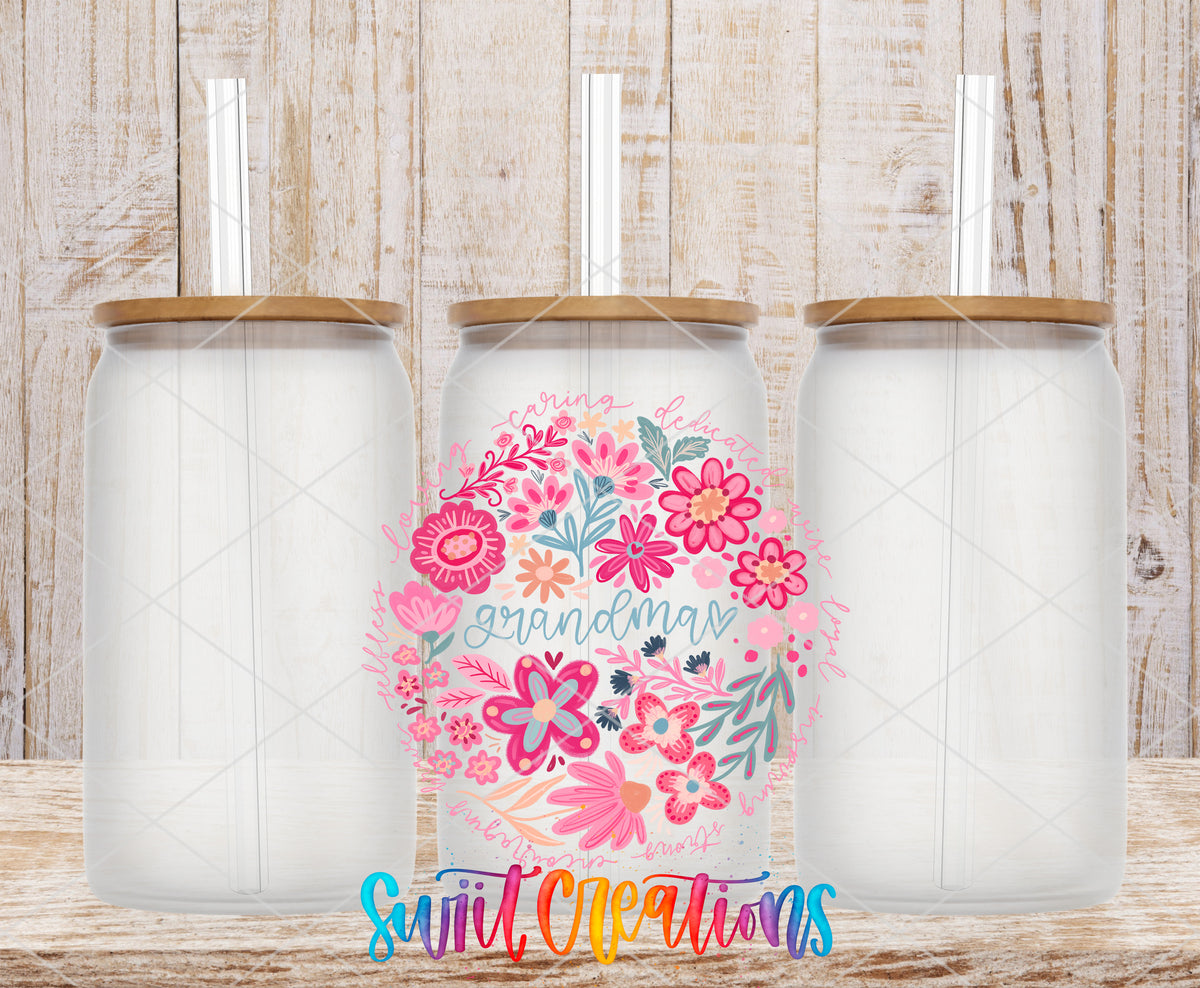 Grandma frosted glass tumbler mockup with bamboo lids and straws
