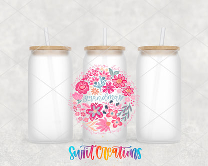 Grandma frosted glass tumbler group view with lids and straws