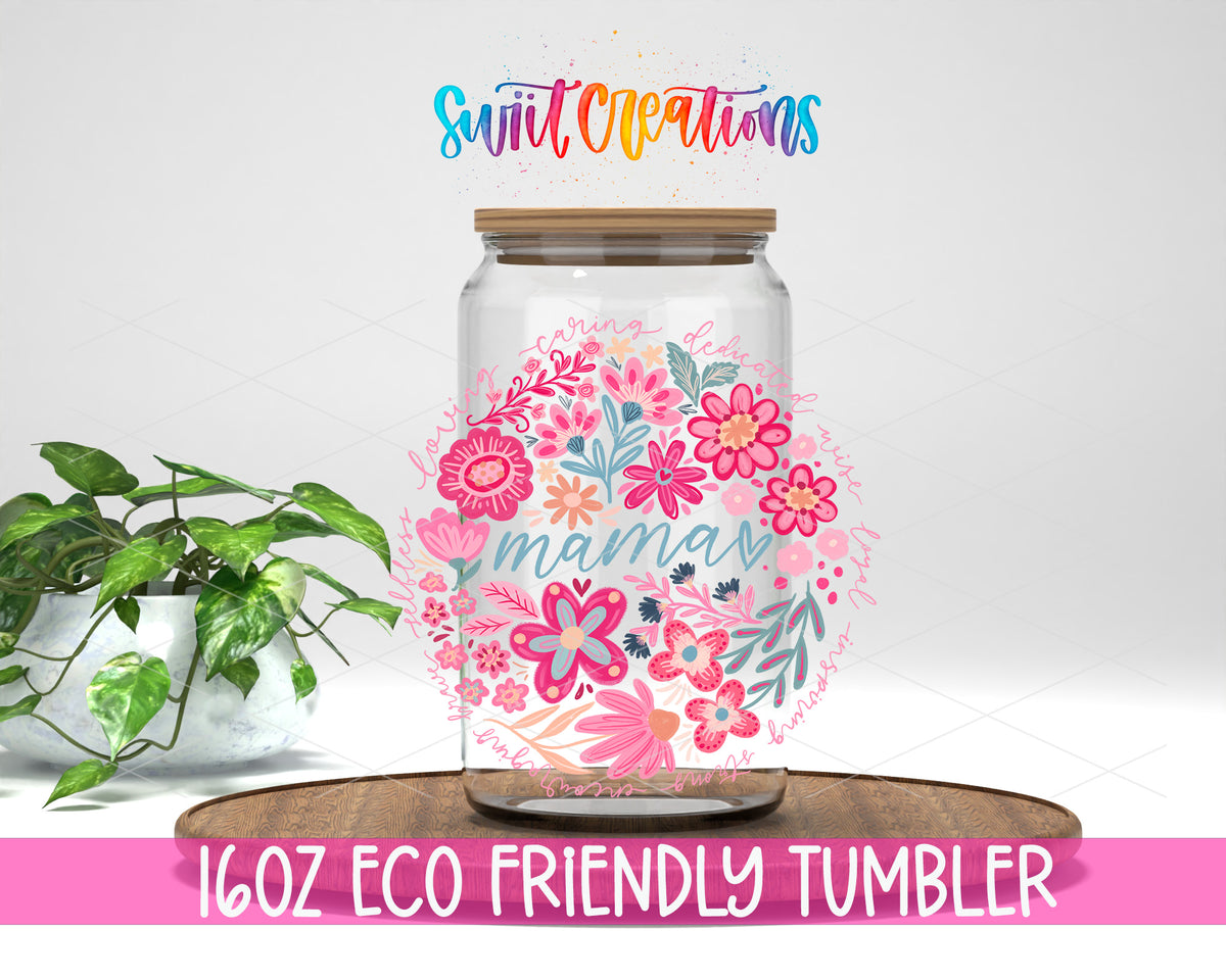 Mama design on a 16 oz clear glass tumbler with bamboo lid