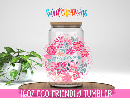 Mama design on a 16 oz clear glass tumbler with bamboo lid