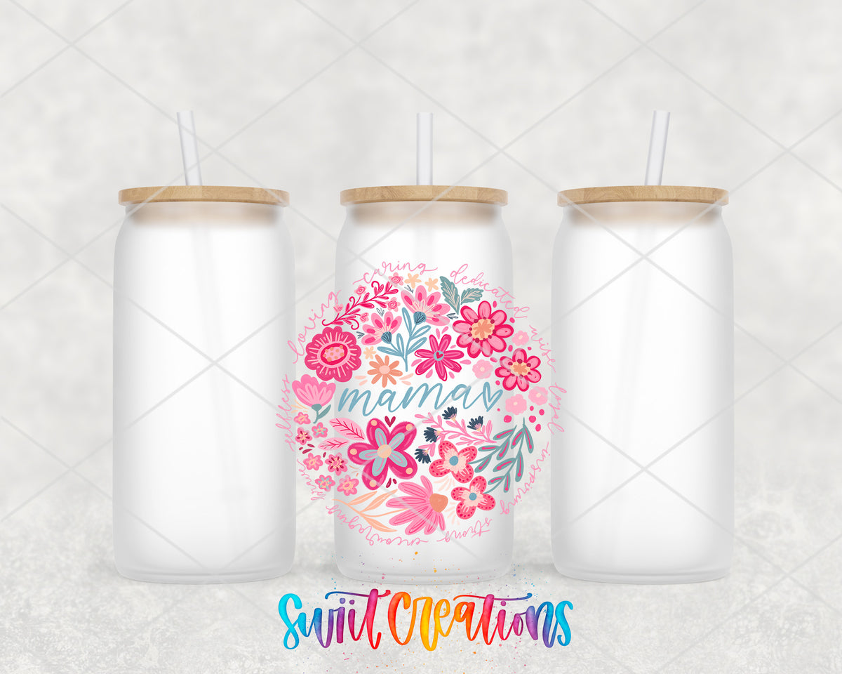 Mama frosted glass tumbler group view with lids and straws