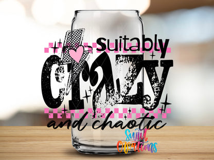 Suitably Crazy and Chaotic design close-up on a clear glass can tumbler
