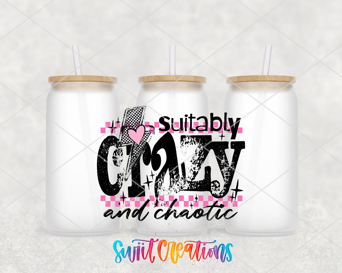 Suitably Crazy and Chaotic frosted glass tumbler group view with lids and straws