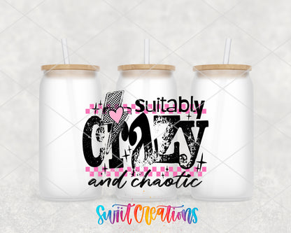 Suitably Crazy and Chaotic frosted glass tumbler group view with lids and straws