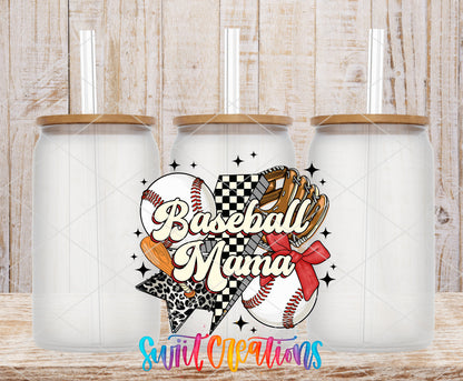 Baseball Mama frosted glass tumbler mockup with bamboo lids and straws
