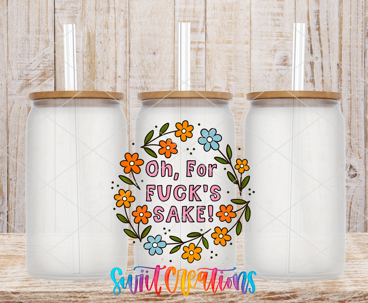 Oh for Fuck's Sake frosted glass tumbler mockup with bamboo lids and straws