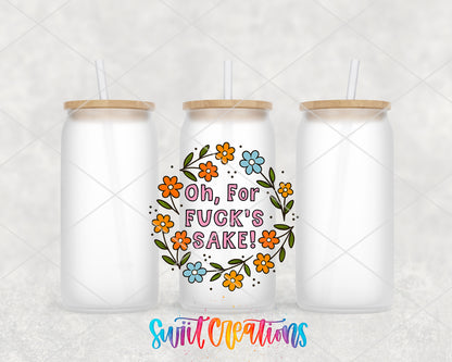 Oh for Fuck's Sake frosted glass tumbler group view with lids and straws