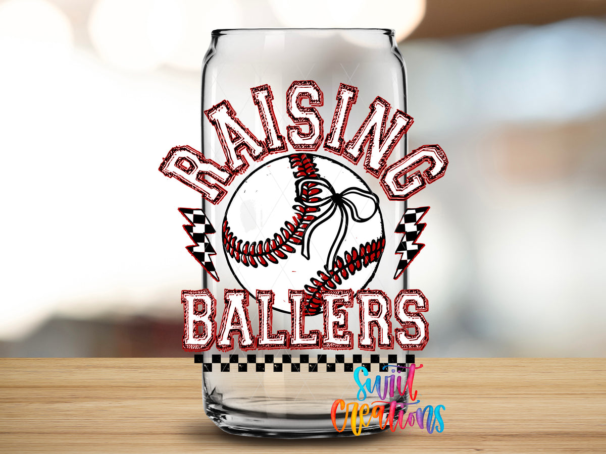 Raising Ballers Baseball design close-up on a clear glass can tumbler