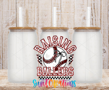 Raising Ballers Baseball frosted glass tumbler mockup with bamboo lids and straws