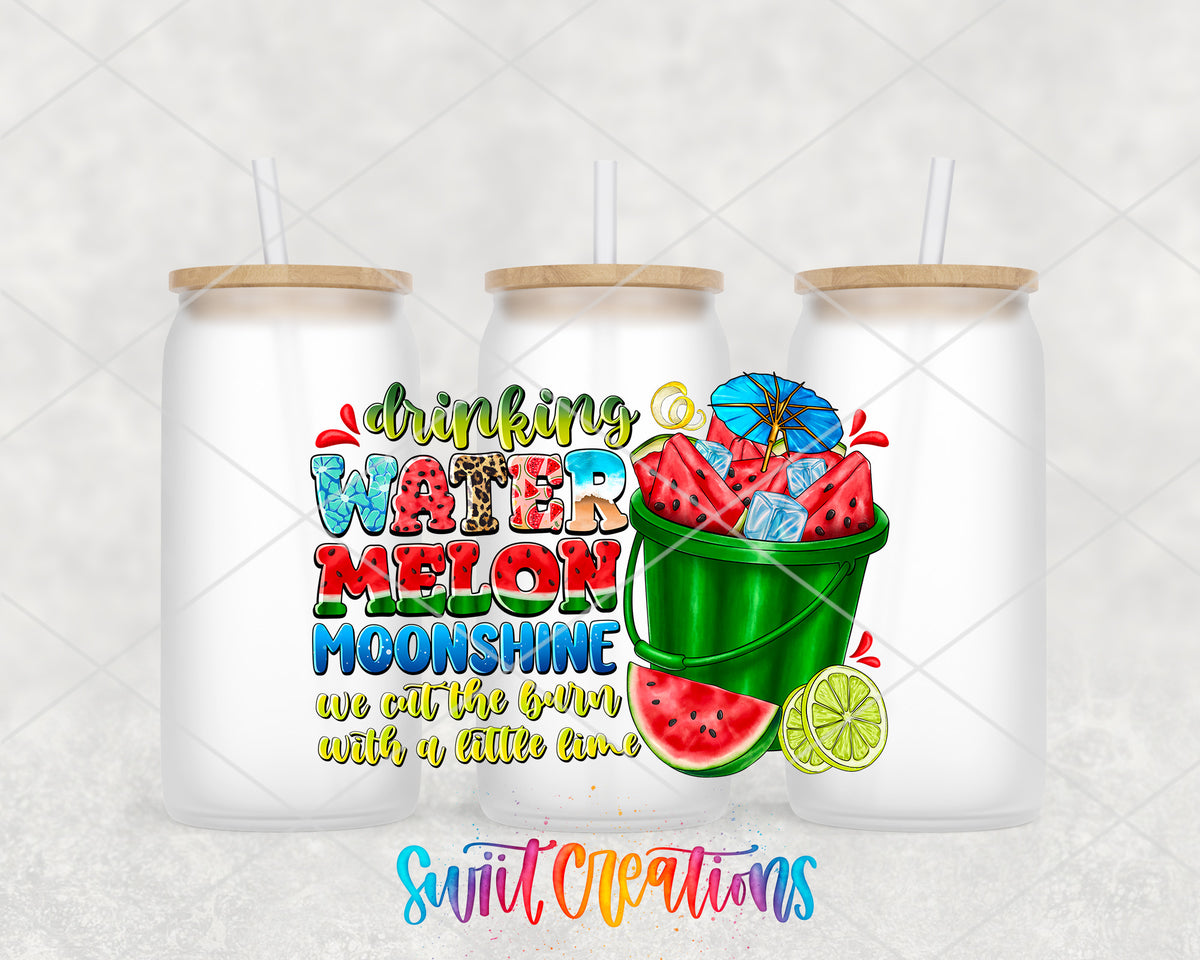 Drinking Watermelon Moonshine frosted glass tumbler group view with lids and straws