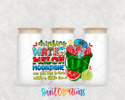 Drinking Watermelon Moonshine frosted glass tumbler group view with lids and straws