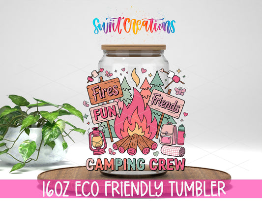 Camping Crew design on a 16 oz clear glass tumbler with bamboo lid