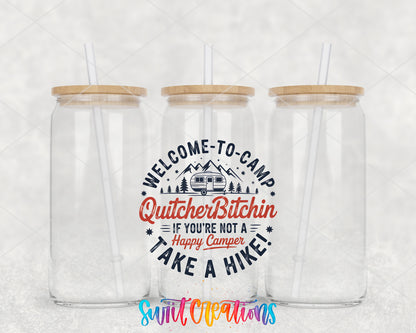 Welcome to Camp Quitcherbitchen clear glass tumbler group mockup with bamboo lids and straws