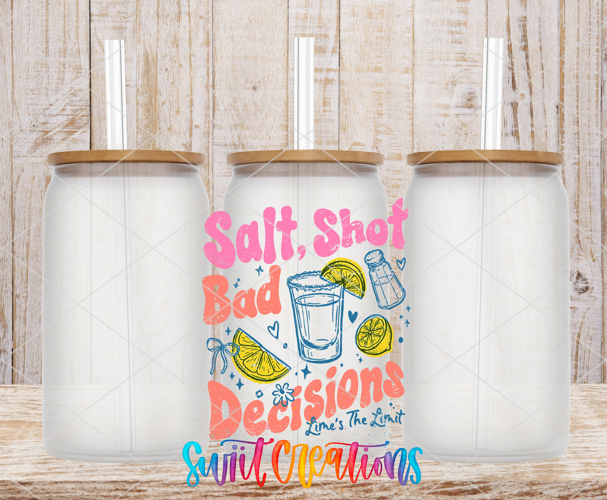 Salt Shot Bad Decisions frosted glass tumbler mockup with bamboo lids and straws