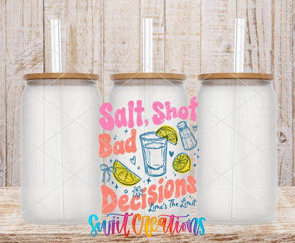 Salt Shot Bad Decisions frosted glass tumbler mockup with bamboo lids and straws