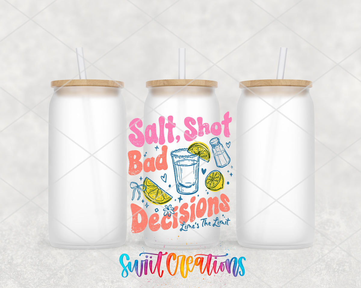 Salt Shot Bad Decisions frosted glass tumbler group view with lids and straws